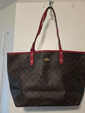 Coach Brown Signature Tote with Red Trim and Straps, REVERSABLE